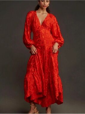 Farm Rio Anthropologie Long-Sleeve V-Neck Jacquard Maxi Dress Red Size XS